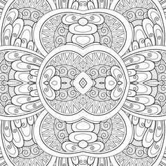 Monochrome Seamless Tile Pattern, Fancy Kaleidoscope. Endless Ethnic Texture with Abstract Design Element. Art Deco, Nouveau, Paisley Garden Style. Coloring Book Page. Vector Contour Illustration