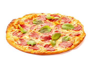 Pepperoni pizza with basil leaves on white