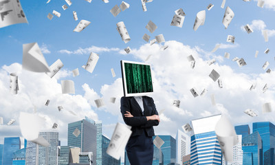 Business woman with monitor instead of head.