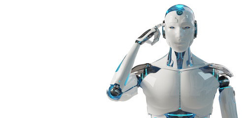 Fototapeta premium White male cyborg thinking and touching his head 3D rendering