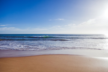 Fototapeta na wymiar ocean coast, sand beach and foamy waves, beautiful natural vacation background and texture
