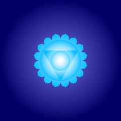 Throat chakra Visuddha in blue color on dark blue space background. Isoteric flat icon. Geometric pattern. Vector illustration eps10