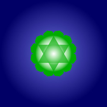 Heart chakra Anahata in green color on dark blue space background. Isoteric flat icon. Geometric pattern. Vector illustration eps10