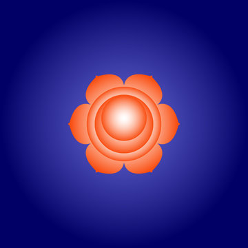 Sacral chakra Svadhisthana in Orange color on dark blue space background. Isoteric flat icon. Geometric pattern. Vector illustration eps10