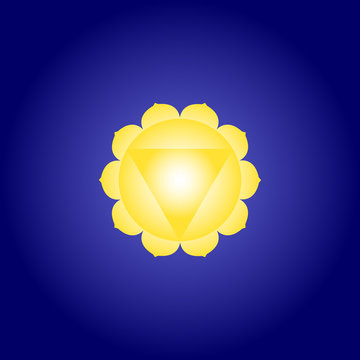 Solar chakra Manipura in yellow on dark blue space background. Isoteric flat icon. Geometric pattern. Vector illustration eps10