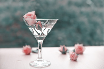 pink rose in a wine glass on a natural background of foliage