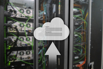Cloud storage, data access, login and password request window on server room background. Internet...