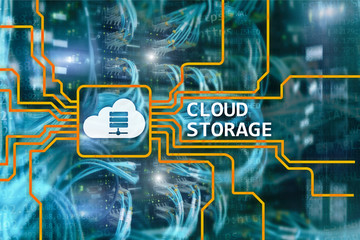 Cloud data storage concept on server room background.