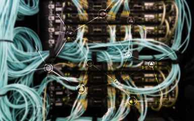 Telecommunication concept with abstract network structure and server room background.