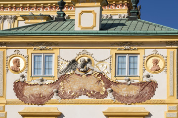 Beautiful palace Wilanow in Warsaw. Capital of Poland. Old beautiful sundial.