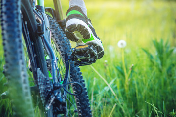 Naklejka premium Cyclist on a green mountain bike in the woods riding on the grass. Back view. Concept of active and extreme lifestyle
