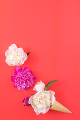 Flat lay, top view sweet food floral background.