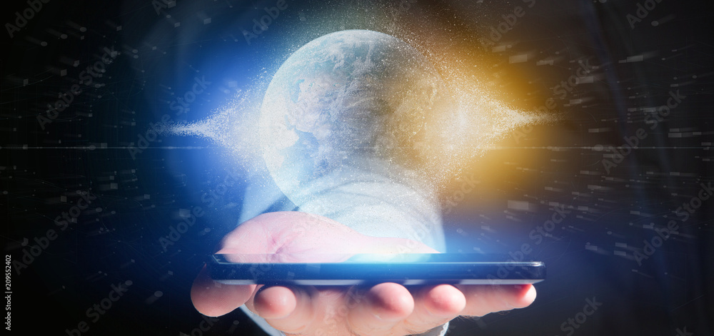 Poster man holding a 3d rendering particles earth globe