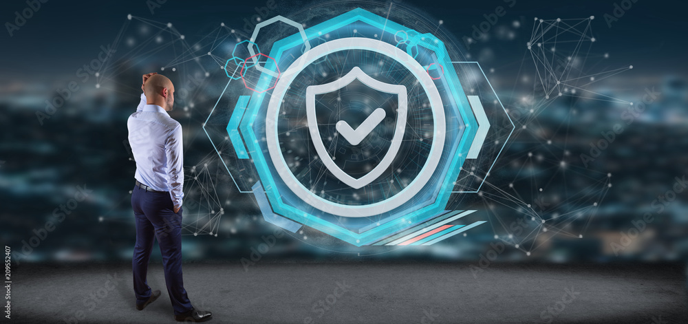 Poster man holding a shield web security concept 3d rendering