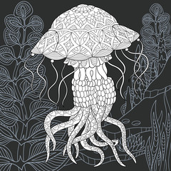 Jellyfish in black and white line art style