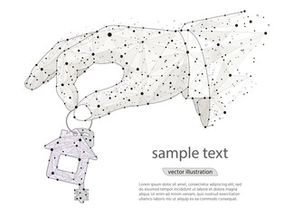 hand with keys from the house abstract design , logo isolated from low poly wireframe on white background. Vector abstract polygonal image mash line and point. Digital graphics