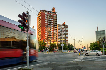 City view of the new Belgrade with the tram line passing through