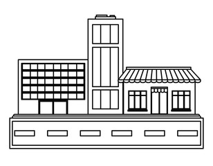 stores and city buildings on street over white background, vector illustration