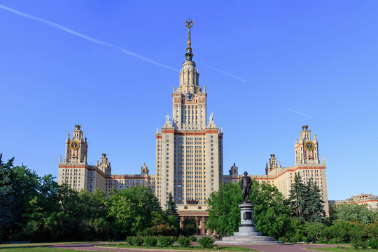 View of Moscow State University (MSU) on a Monument to Lomonosov background in sunny summer evening