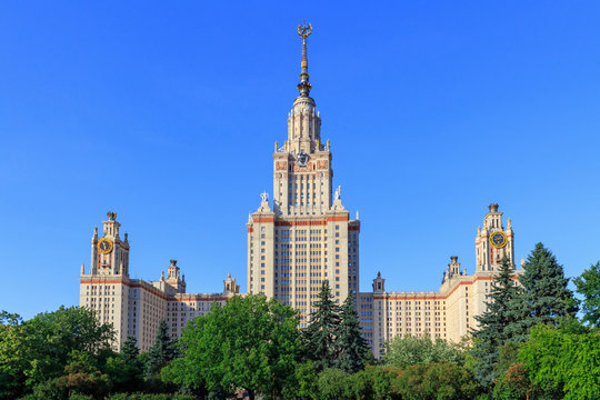 Buildings of Lomonosov Moscow State University (MSU) against blue sky in sunny summer evening