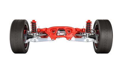 Suspension of the car with wheel and engine isolated on white background 3d without shadow