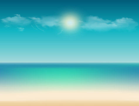 tropical illustration with ocean view, sandy beach, sky and copy space