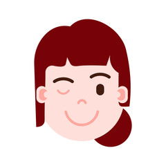 girl head emoji personage icon with facial emotions, avatar character, woman wink face with different female emotions concept. flat design. vector illustration