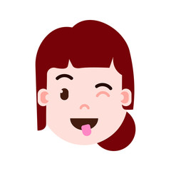 girl head emoji personage icon with facial emotions, avatar character, woman show tongue face with different female emotions concept. flat design. vector illustration