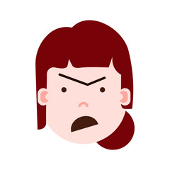 girl head emoji with facial emotions, avatar character, woman anger face with different female emotions concept. flat design. vector illustration