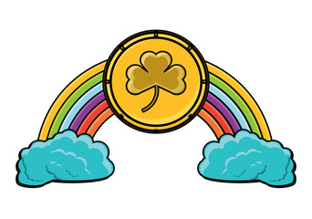 rainbow with coin with clover icon over white background, vector illustration