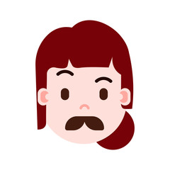 girl head emoji personage icon with facial emotions, avatar character, woman mustache face with different female emotions concept. flat design. vector illustration
