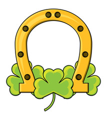 horseshoe with clovers over white background, vector illustration