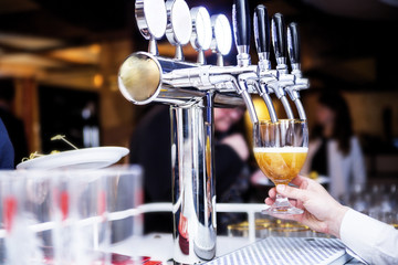 the waiter pours beer into a glass - obrazy, fototapety, plakaty