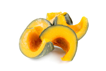 Slices of streamed pumpkin isolated on white background.