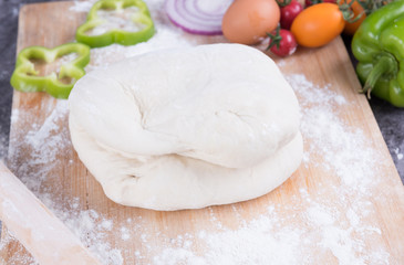 Pizza dough. Dough recipe ingredients. Bread, pizza or pie making ingredients.