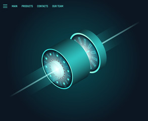 Isometric technology website template. Technological banner. Optic laser beam of light going through circle mechanism like collider. Internet and communication technology.