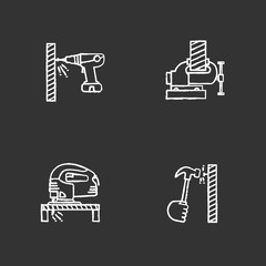 Construction tools chalk icons set