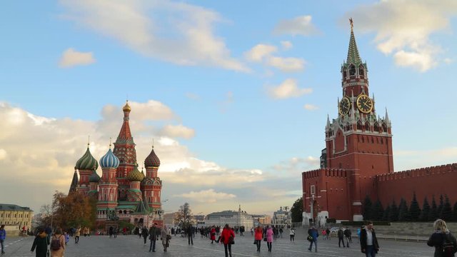 Moscow Red Square, time lapse view of Kremlin and St. Basil's Cathedral in Moscow, Russia.