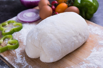 Pizza dough. Dough recipe ingredients. Bread, pizza or pie making ingredients.