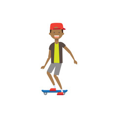 boy kid wearing cap skating on skateboard. Skateboarding ride. Flat style character vector illustration