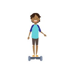 african young boy riding electro scooter over white background. cartoon full length character. flat style vector illustration