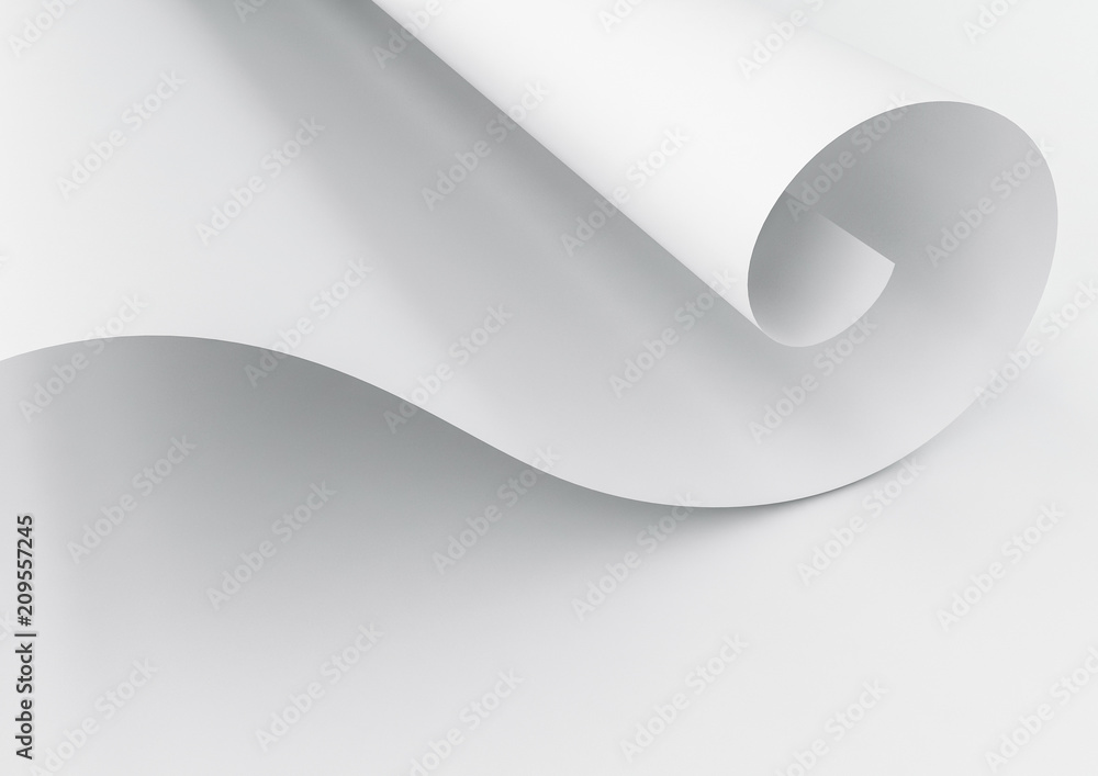 Poster 3d rendering of white waved paper isolated on white background. part of twirled paper with empty spa