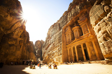 The Treasury (Al Khazneh) of Petra Ancient City with Golden Sun, Jordan