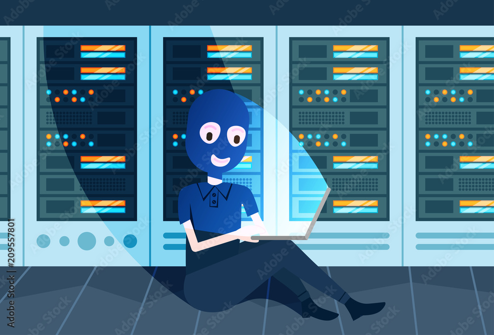 Poster girl black mask hacker attack data privacy over data storage center with hosting servers and staff, 