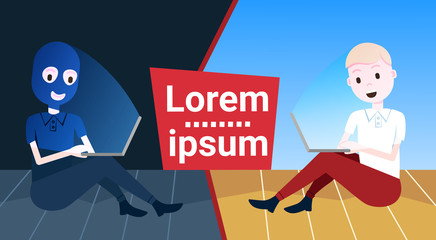 woman black mask sitting at computer hacker activity boy hold laptop light dark side concept viruses data privacy attack internet information security flat copy space vector illustration © mast3r