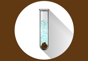 Medical test of feces in a test tube in a wite circle with shaddow and brown background. Vector illustration