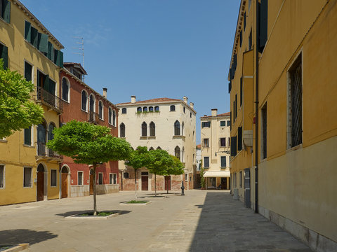 Square with green trees in Dorsoduro, Venice, Italy surrounded by historic colorful houses and apartments on a sunny day
