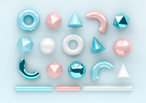 Set of 3d render realistic primitives on blue background. Isolated graphic elements. Spheres, torus, tubes, cones and other geometric shapes in blue metallic and white colors for trendy designs.