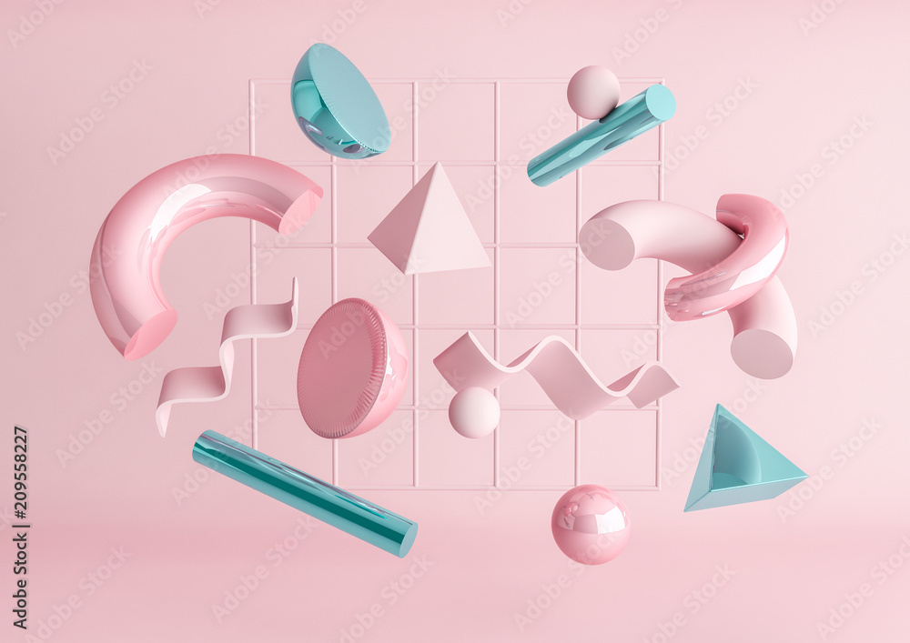 Poster 3d render realistic primitives composition. flying shapes in motion isolated on pink background. abs