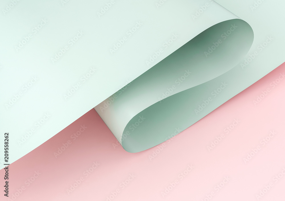 Poster 3d rendering of green waved paper isolated on pink background. part of twirled paper with empty spac
